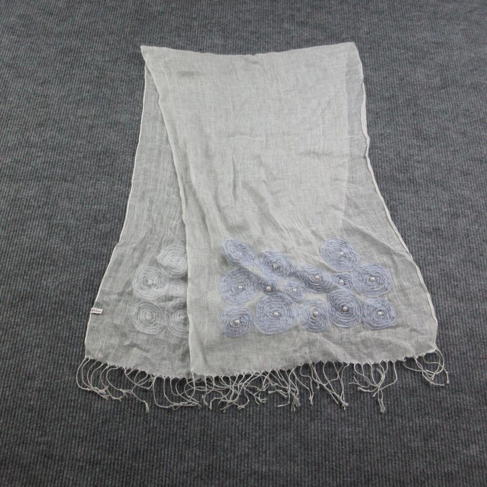 Floral Beaded Scarf Womens One Size Off-White Linen Rectangle Fringe Lightweight